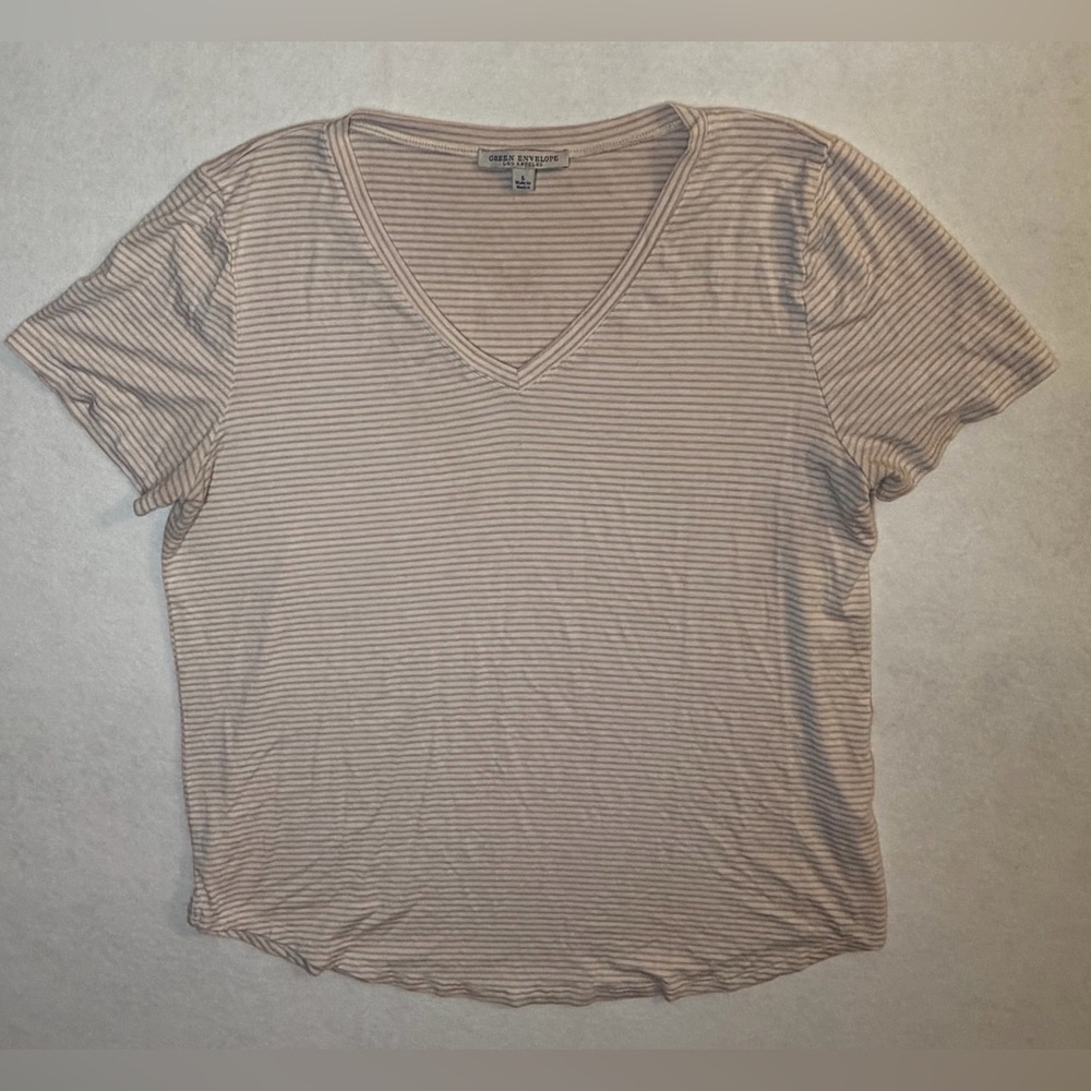 Green Envelope Orange Rust Casual Striped V-Neck Tee- Size Large